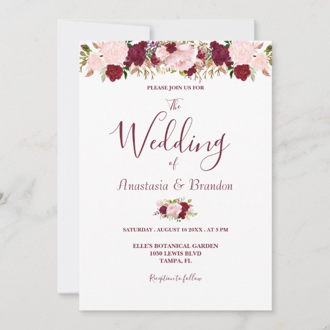 Convites Casamento Floral Borgonha (Frente)