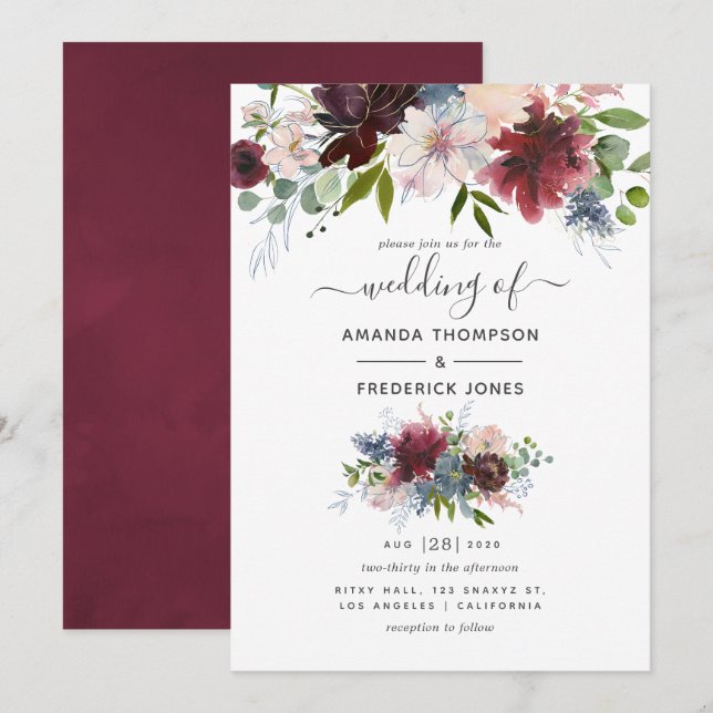 Convites Casamento Floral Borgonha, Azul Marinho e Blush (Frente/Verso)