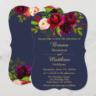 Convites Casamento Floral Borgonha Azul Naval Dourado