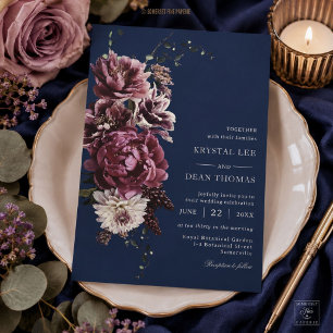 Convites Casamento Floral Borgonha Azul Naval Escuro Temper