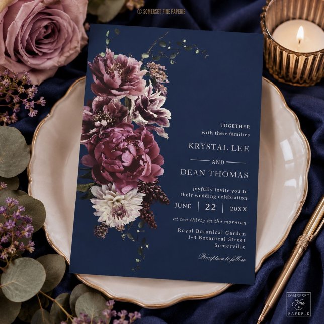Convites Casamento Floral Borgonha Azul Naval Escuro Temper (Criador carregado)