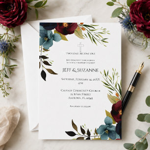 Convites Casamento Floral Borgonha Cruz Dois se Tornam Um