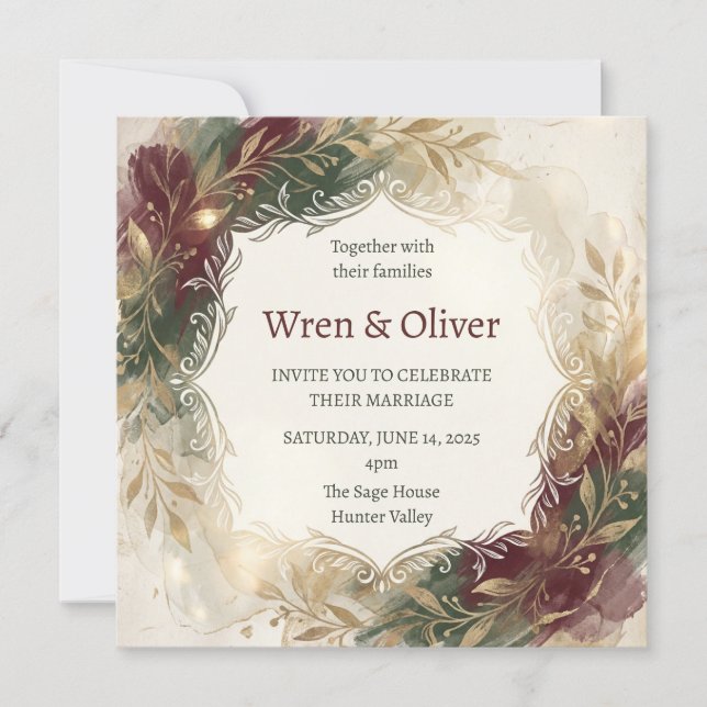 Convites Casamento Floral Borgonha Dourado (Frente)