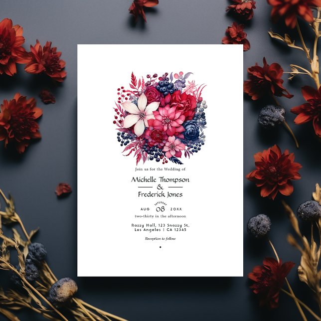 Convites Casamento Floral Borgonha e Azul Marinho (Criador carregado)