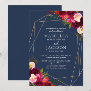 Convites Casamento Floral Borgonha e Azul Marinho