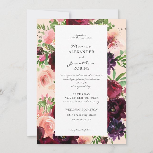 Convites Casamento Floral Borgonha e Bege em Rosa (Frente)