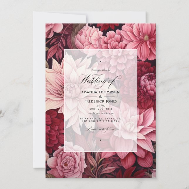 Convites Casamento Floral Borgonha e Rosa Velho (Frente)