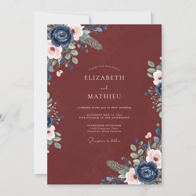 Convites Casamento Floral Borgonha Naval Rosa (Frente)