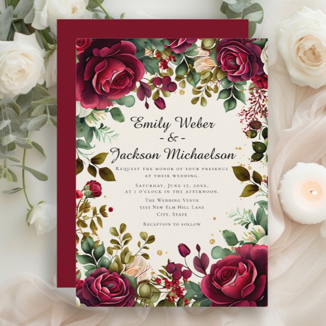 Convites Casamento Floral Borgonha Roteiro Romântico (Burgundy / red roses and greenery wedding invitation)