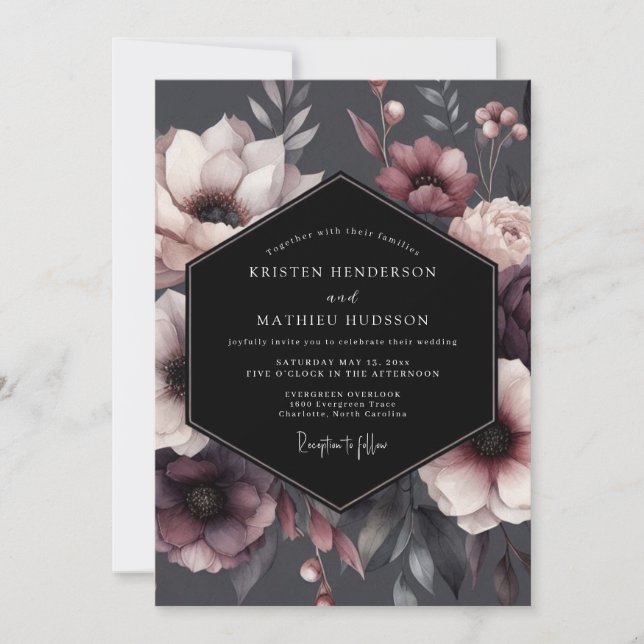Convites Casamento Floral Borgonha Temperamental (Frente)