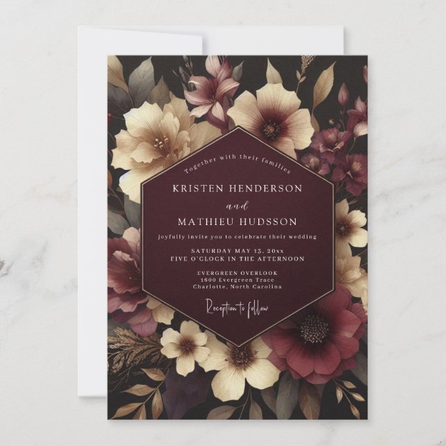 Convites Casamento Floral Borgonha Temperamental (Frente)