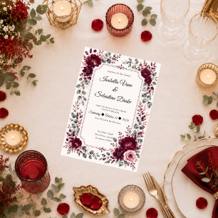 Convites Casamento Floral Borgonha Vintage