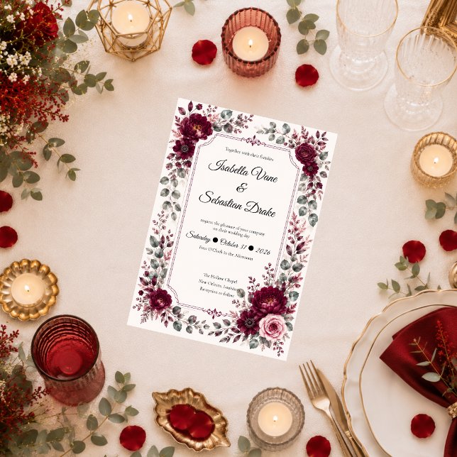 Convites Casamento Floral Borgonha Vintage (Criador carregado)