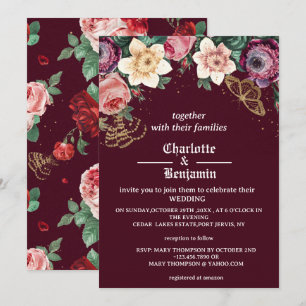 Convites Casamento Floral Borgonha Vintage Estilo Vitoriano