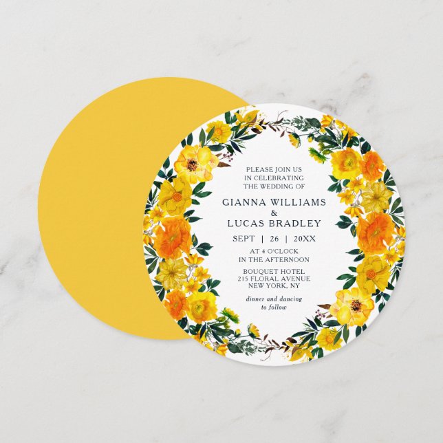 Convites Casamento Floral Botânico Amarelo Elegante (Frente/Verso)