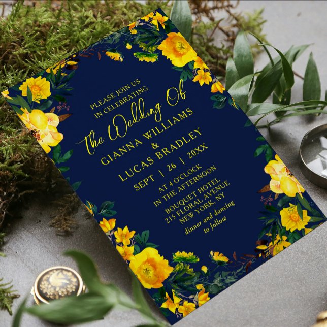 Convites Casamento Floral Botânico Amarelo Elegante (Criador carregado)
