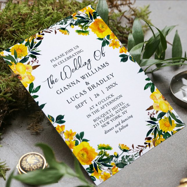 Convites Casamento Floral Botânico Amarelo Elegante (Criador carregado)
