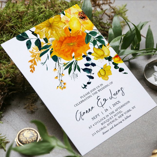 Convites Casamento Floral Botânico Amarelo Elegante (Criador carregado)