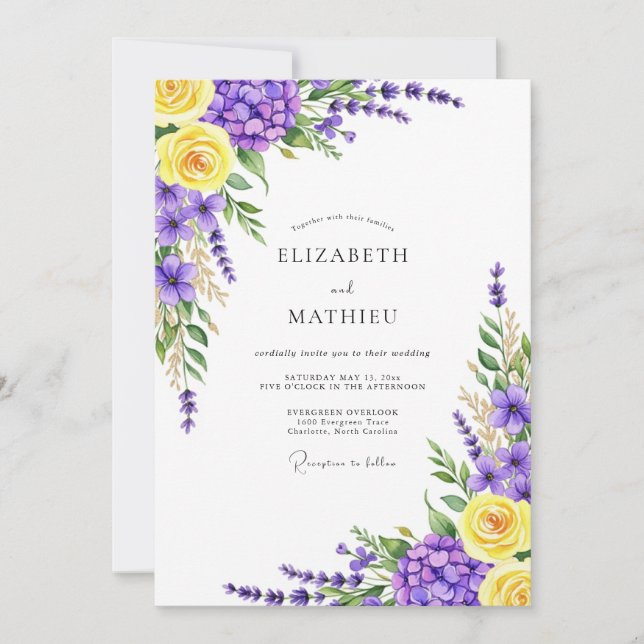 Convites Casamento Floral Botânico Amarelo Lavanda (Frente)