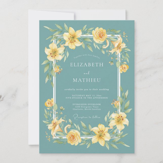 Convites Casamento Floral Botânico Amarelo Turquesa (Frente)