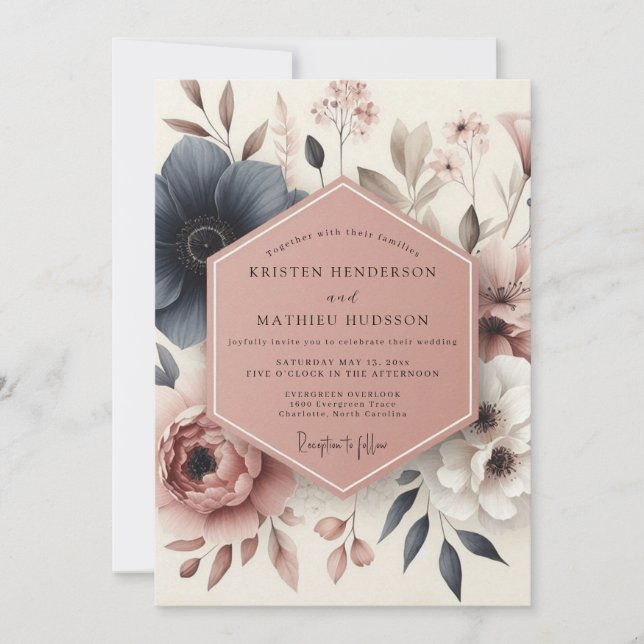 Convites Casamento Floral Botânico Azul (Frente)