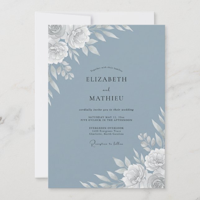 Convites Casamento Floral Botânico Azul Aço (Frente)