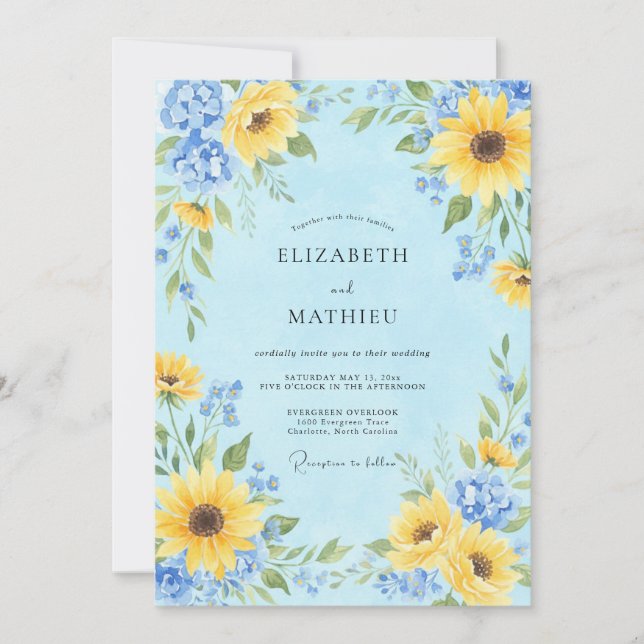 Convites Casamento Floral Botânico Azul Amarelo (Frente)