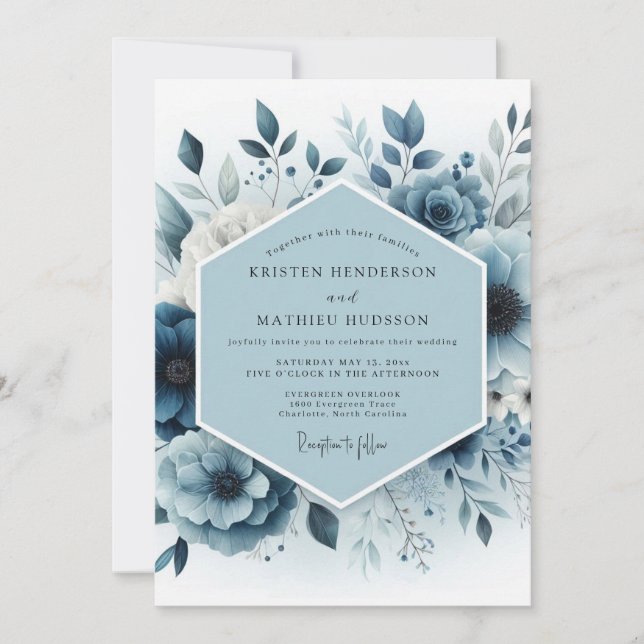 Convites Casamento Floral Botânico Azul Ardesia (Frente)