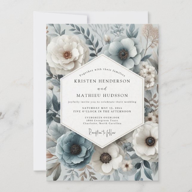 Convites Casamento Floral Botânico Azul Ardesia (Frente)