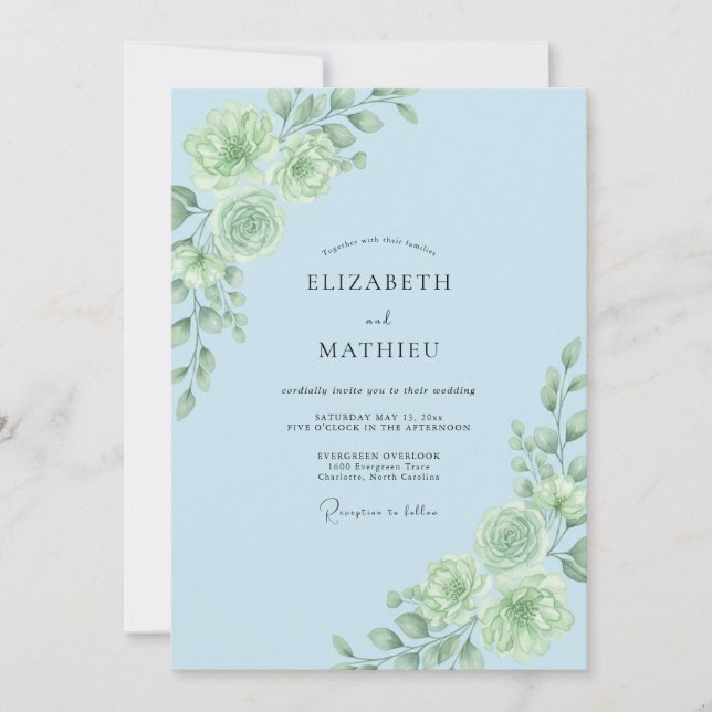 Convites Casamento Floral Botânico Azul Claro (Frente)