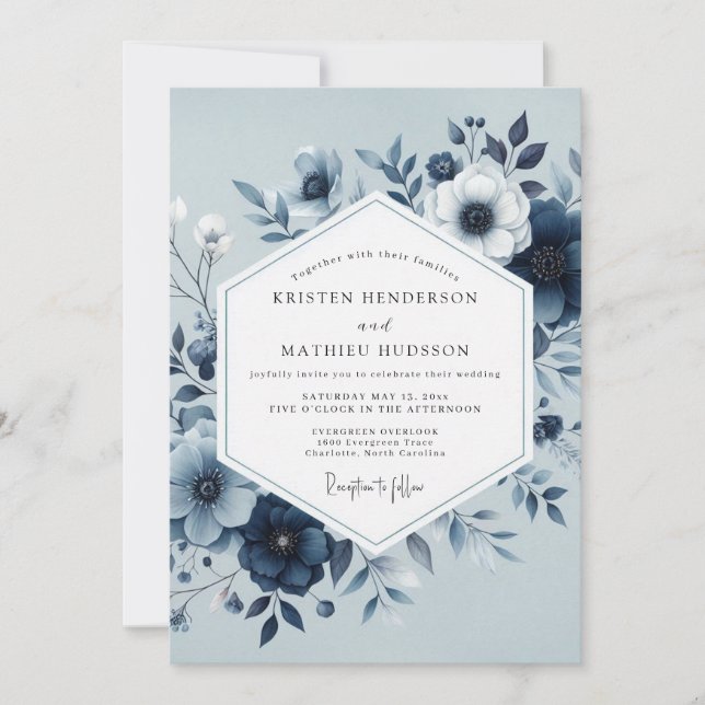 Convites Casamento Floral Botânico Azul Desbotado (Frente)
