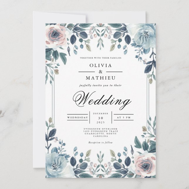 Convites Casamento Floral Botânico Azul-Dusky (Frente)