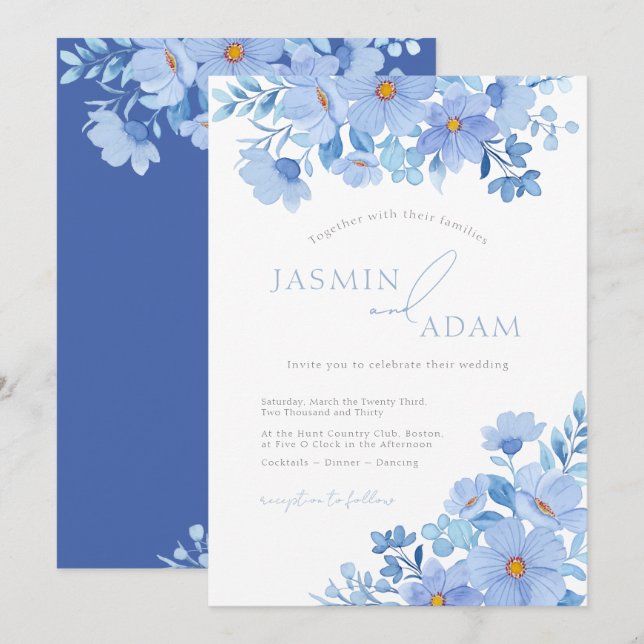 Convites Casamento Floral Botânico Azul Elegante (Frente/Verso)