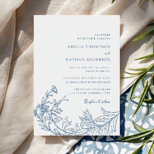 Convites Casamento Floral Botânico Azul Empoeirado Vintage