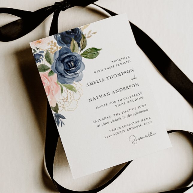Convites Casamento Floral Botânico Azul-Marinho (Criador carregado)