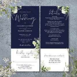 Convites Casamento Floral Botânico Azul Marinho Tudo Em Um