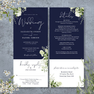 Convites Casamento Floral Botânico Azul Marinho Tudo Em Um