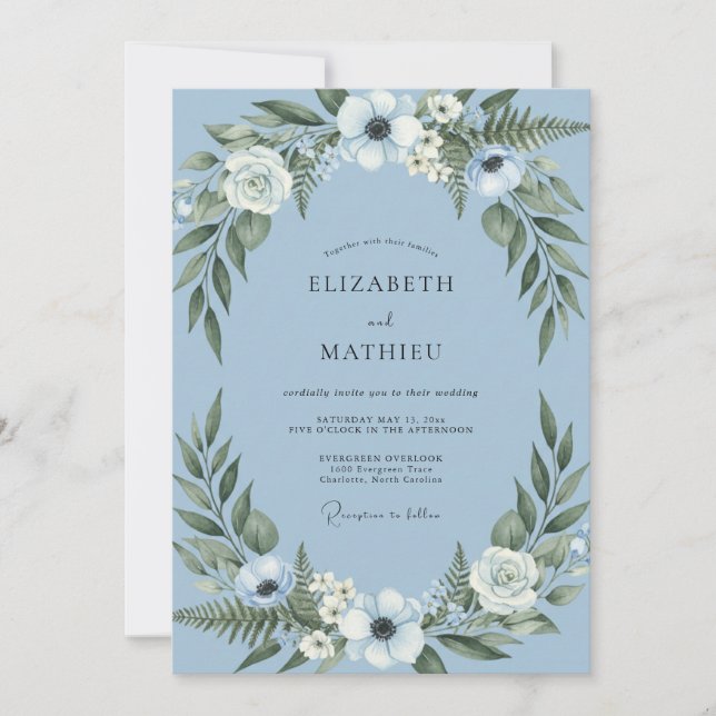 Convites Casamento Floral Botânico Azul Pálido (Frente)