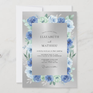 Convites Casamento Floral Botânico Azul Prata
