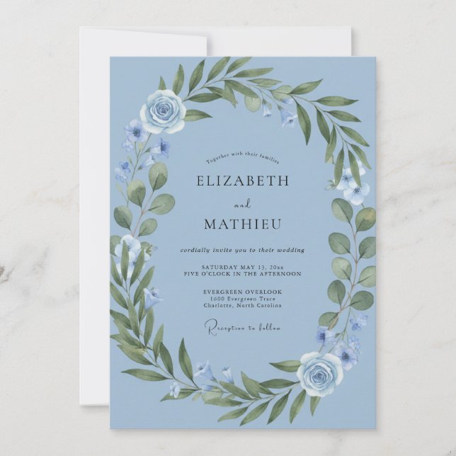 Convites Casamento Floral Botânico Azul Sereno (Frente)