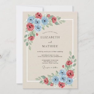 Convites Casamento Floral Botânico Azul Vermelho