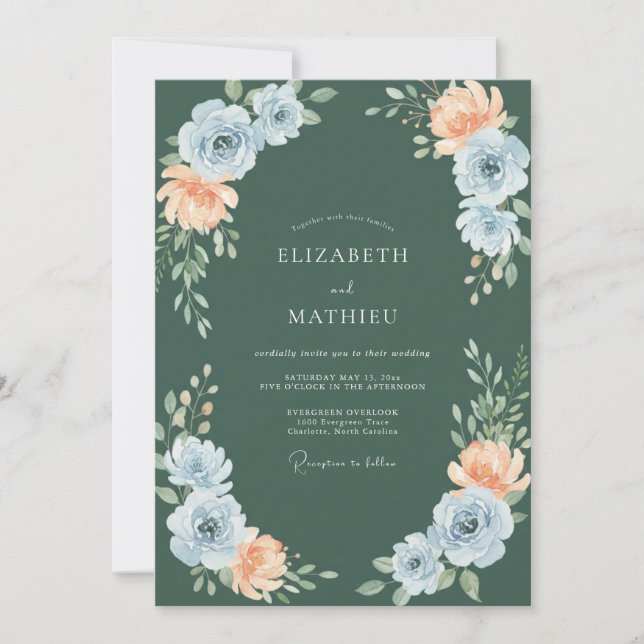 Convites Casamento Floral Botânico Blue Peach (Frente)