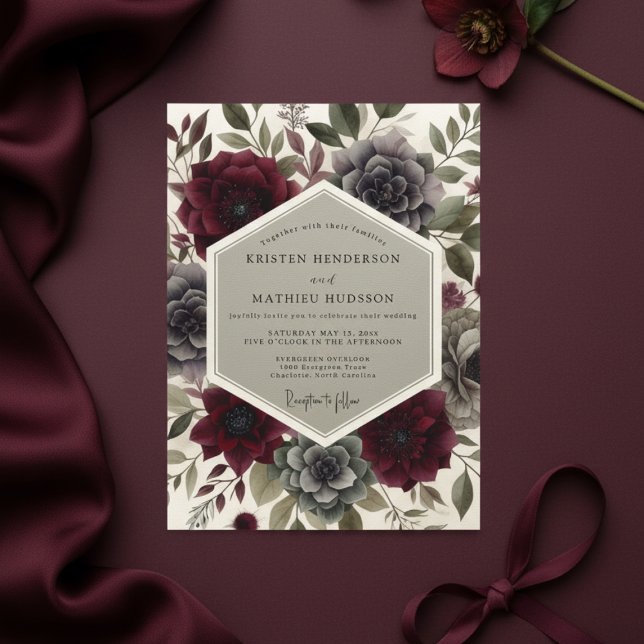 Convites Casamento Floral Botânico Borgonha (Criador carregado)