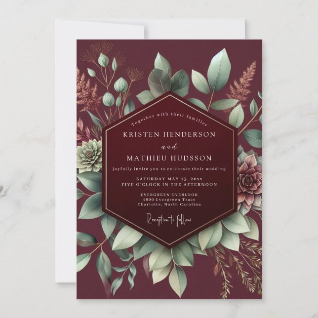 Convites Casamento Floral Botânico Borgonha (Frente)