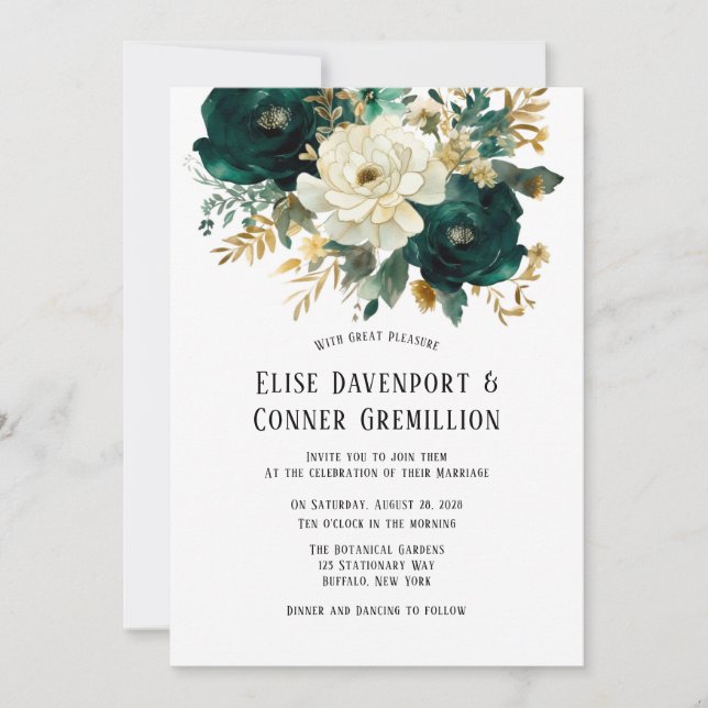 Convites Casamento Floral Botânico Branco Verde Dourado (Frente)