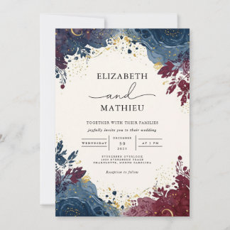 Convites Casamento Floral Botânico Burgundy do Marinho Eleg