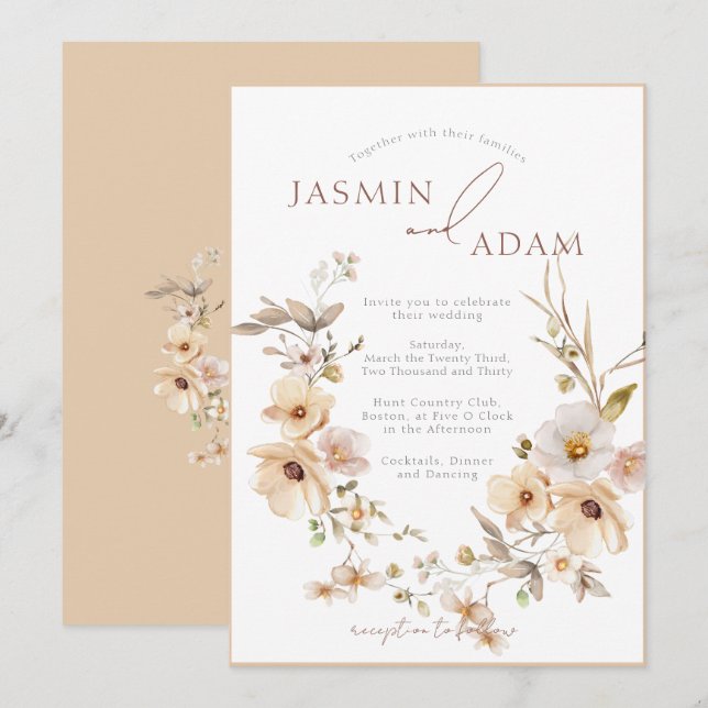 Convites Casamento Floral Botânico Champagne Elegante (Frente/Verso)