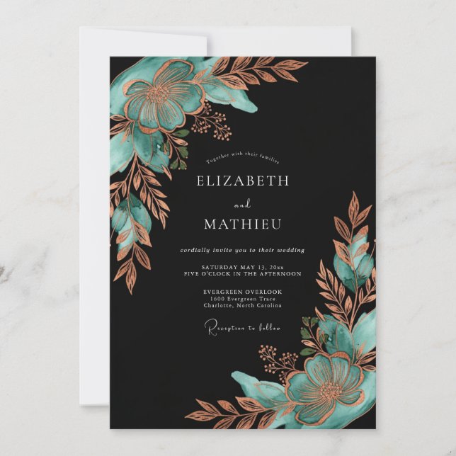Convites Casamento Floral Botânico Cobre Turquesa (Frente)