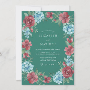 Convites Casamento Floral Botânico com Êxtase em Azul Turqu