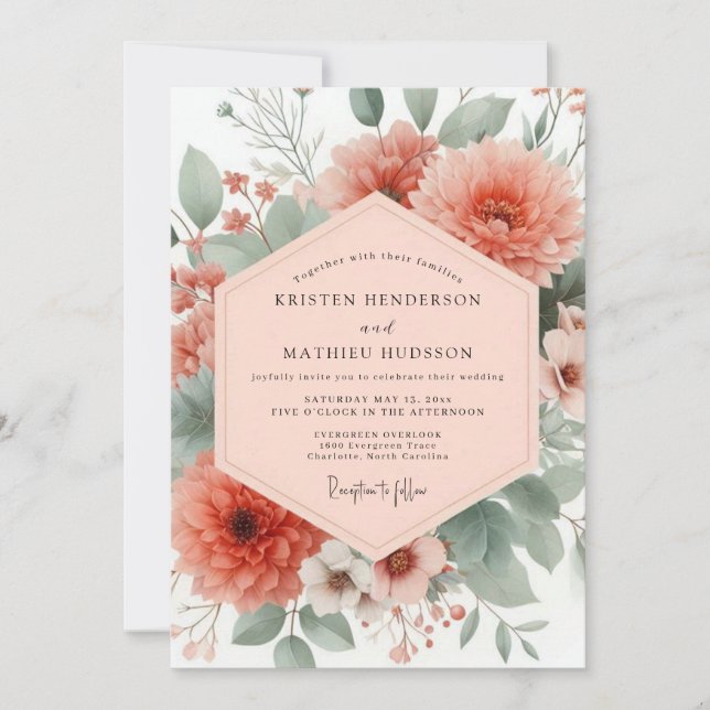 Convites Casamento Floral Botânico Coral (Frente)
